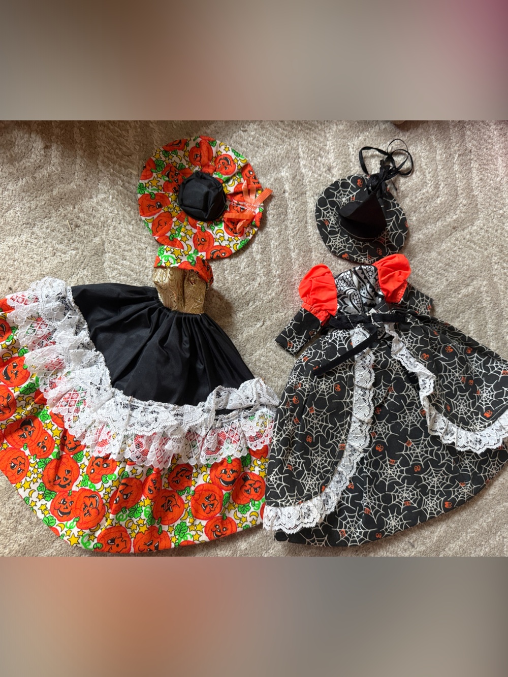 2 Vintage Handmade Barbie Doll Size Dresses Halloween Pumpkin w/ Hats